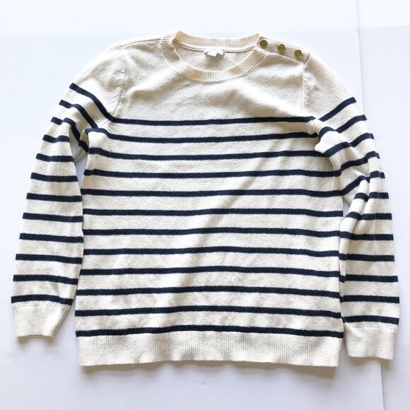 J. JILL Striped White Navy Knit Crew Neck Sweater Button Collar Womens Medium - Picture 3 of 10
